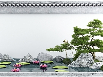新中式假山水景 景墙 荷花 造景树