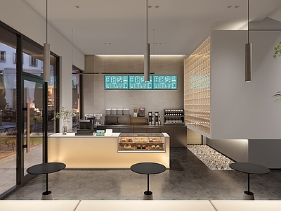 现代饮品店 玻璃砖 不锈钢操作柜 备餐区 户外 单层 收银 双层