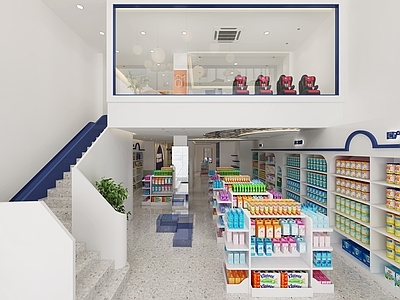 现代母婴店 收银台 货架 婴儿床 安全座椅