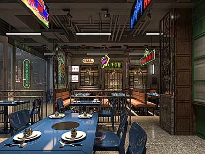 工业风时尚餐厅 快餐厅 餐馆 特色餐厅 餐饮空间 餐桌椅 霓虹灯字 招牌