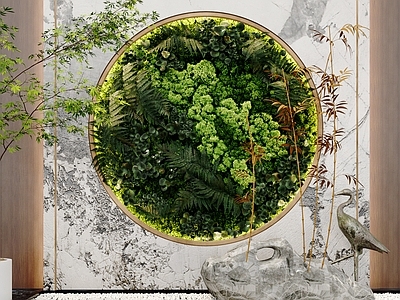 新中式绿植墙 景观小品 植物墙 苔藓