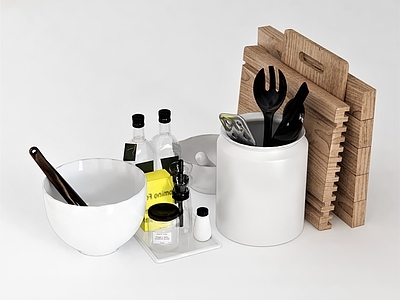 现代厨房用品组合 砧板 碗 调味品 刀叉 玻璃器皿