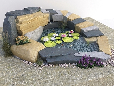 现代滨水景观 假山 小品 假山 水池 荷花 山石
