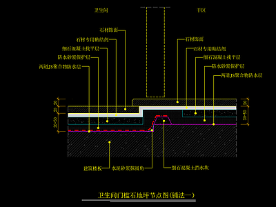 卫生间门槛石地坪节点图 铺法一