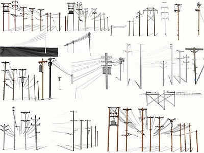 现代电线杆 高压电塔 输电塔 电线 变压器
