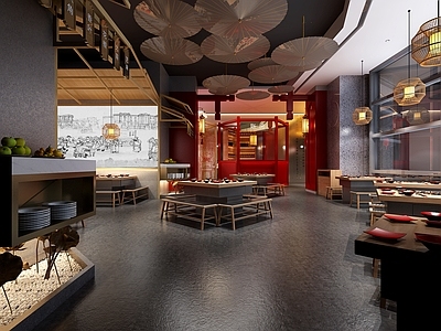 新中式火锅店 吊灯 壁灯 隔断 餐桌椅