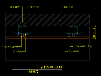 石膏板吊顶节点图 贴顶式