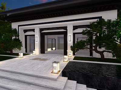 新中式售楼处建筑 展示区 水景
