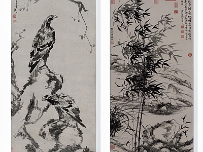 中式传世名画 鸟类竹子挂画组合