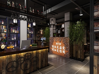 工业风烧烤店 前台 吧台 隔断 装饰画 谷仓门