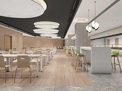 现代食堂 曲木板 圆形顶 取餐台 圆形