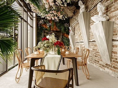 简欧花店 咖啡店 甜品店 休息区 桌椅 鲜花下午茶 石膏雕塑 电视机 植物花卉