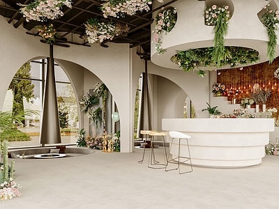 侘寂花店 下沉式烟囱 卡座区 网红打卡区 植物花卉 背景墙 吧椅