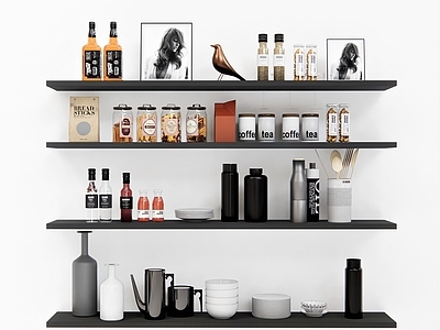 现代厨房用品组合 瓶子茶壶碗 酒瓶酒杯 调味品 茶壶 瓶子 保温壶 摆件