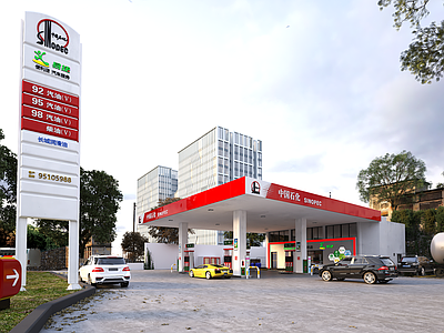 现代中国石化加油站 汽车 跑车 油罐车 大巴车