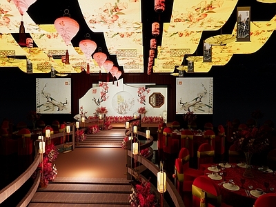 中式酒店宴会厅 婚礼场景 舞台舞美