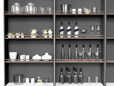 现代厨房用品组合 玻璃罐子 玻璃杯 餐具 酒瓶 调味品 容器