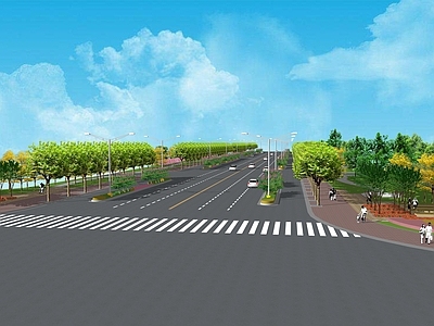 现代市政道路 十字路口景观 行道树景观 公园景观