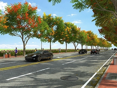 现代道路设施 行道树 行人 绿篱 路面