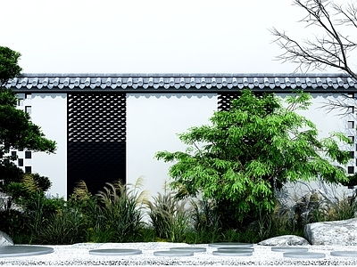 现代植物堆 树木 景墙