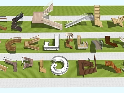 现代楼梯 扶手楼梯 旋转楼梯 木材 石材 户外 金属