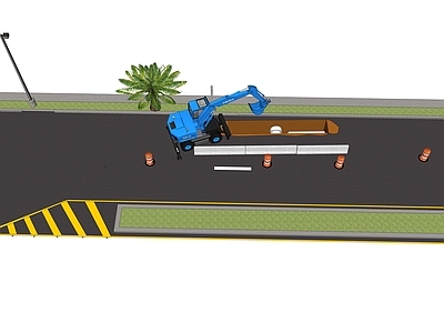 现代道路 公路 道路施工 围挡 修路 挖掘机 工地 路障 停车桩