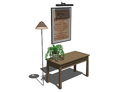 现代书桌 植物盆栽 落地灯 装饰画