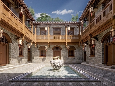 中式古民居四合院 四水归堂四合院 带水景花园