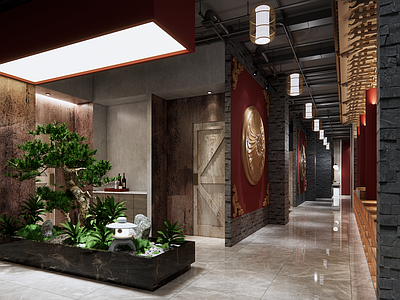 新中式火锅店 取餐口 绿植景