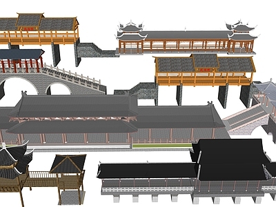 中式景观桥 连廊 廊架 木桥 风雨桥