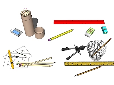 现代文具组合 彩铅 橡皮 圆规 尺子