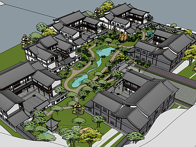 中式四合院 民宿建筑 带水景花园