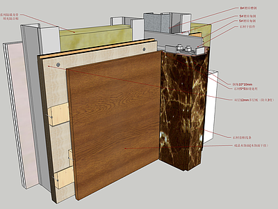 现代构件 石材与木饰面衔接处施工节点 阴角对接 墙面材料分析