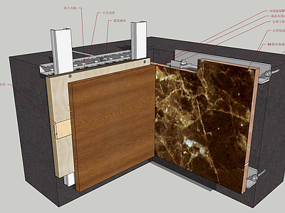 现代构件 石材与木饰面衔接处施工节点 阴角对接 墙面材料分析