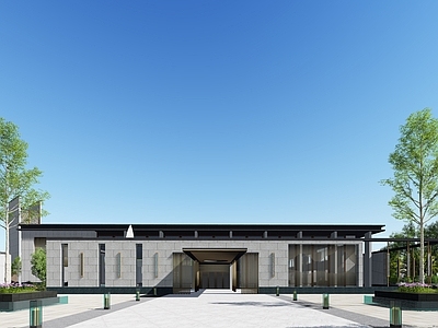 新中式售楼处建筑 会所建筑 方形