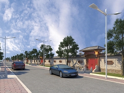 新中式道路设施 汽车 四合院大门 乔木