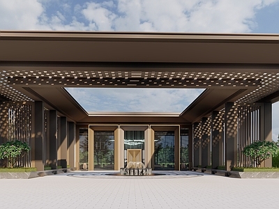 新中式售楼处建筑 大门 会所 售楼部 方形