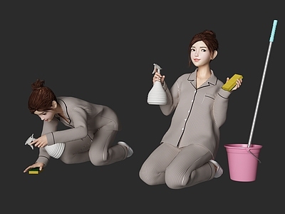 现代女人 做家务人物 拖地人物