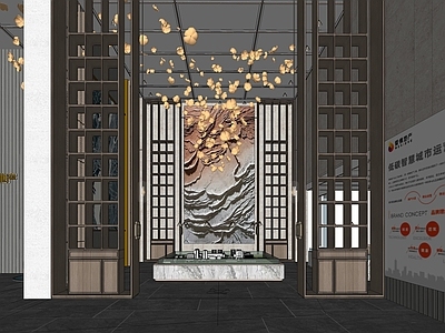 新中式售楼处内部 洽淡区 组合 装置艺术 前台 接待柜 挂画 水