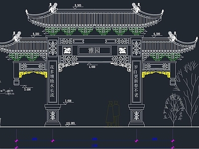 中式古牌坊建筑立面图纸 大