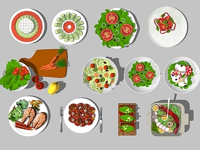 现代水果蔬菜 沙拉 黄瓜 西红柿 鱼肉 猪肉 虾