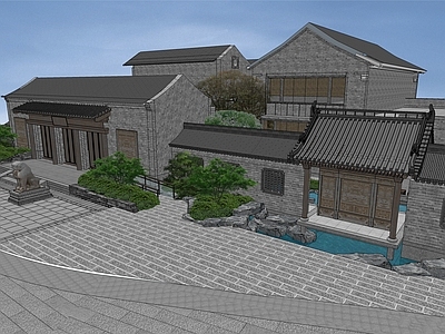 中式传统合院 会所 戏台 花园