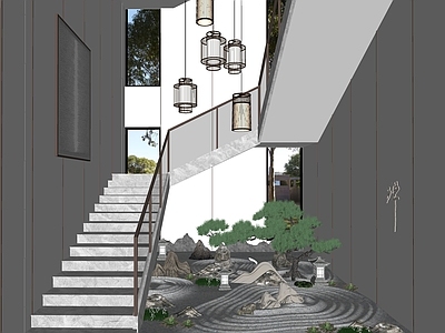 新中式玄关 楼梯间 楼梯厅 庭院景观 小品 松树 楼梯 景观小品