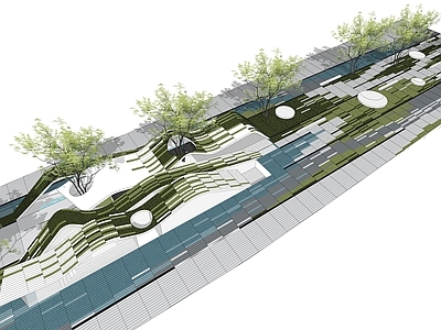 现代公园景观 街头绿地 市政广场 坡地起伏异形景墙 地面铺装设计 草坪