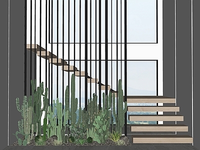 现代庭院小品 仙人掌 绿植堆 植物 绿植 盆景 庭院景观 楼梯间