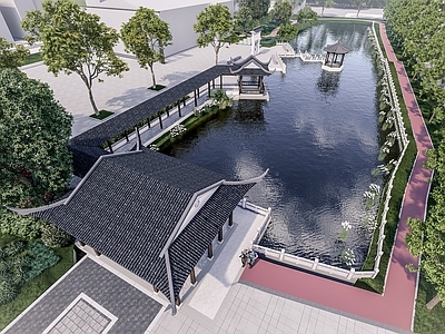 中式乡村滨水小公园景观 水榭廊亭