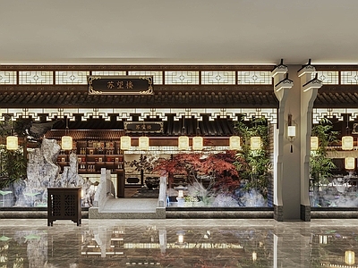 中式茶餐厅 店面 头牌 餐馆 假山 主题 鱼池 船