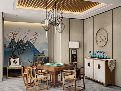 新中式棋牌室 麻将室 麻将桌椅 休闲椅 装饰柜 饰品 摆件
