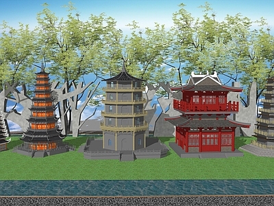 中式寺庙建筑 古塔 宝塔 佛塔