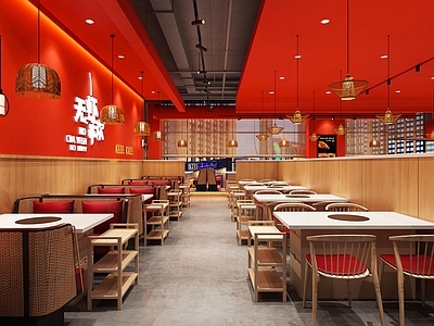 现代火锅店 吊灯 雕塑 壁灯 卡座 餐桌椅